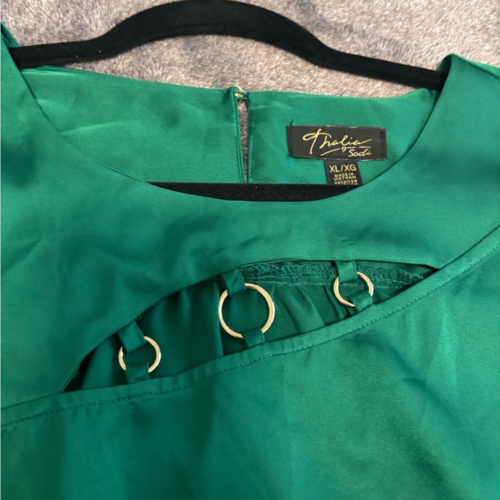Thalia Sodi Emerald Dress with Gold Rings